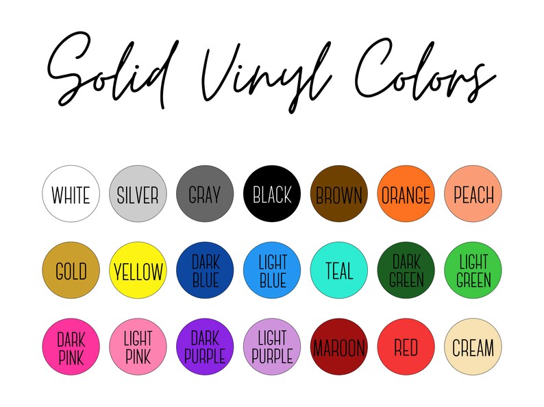 Op de afbeelding: Afbeelding met een kleurenkaart van effen vinylkleuren. De kaart bevat een verscheidenheid aan kleuren zoals wit, zilver, grijs, zwart, bruin, oranje, perzik, goud, geel, donkerblauw, lichtblauw, teal, donkergroen, lichtgroen, donkerroze, lichtroze, donkerpaars, lichtpaars, kastanjebruin, rood en cr&egrave;me.
