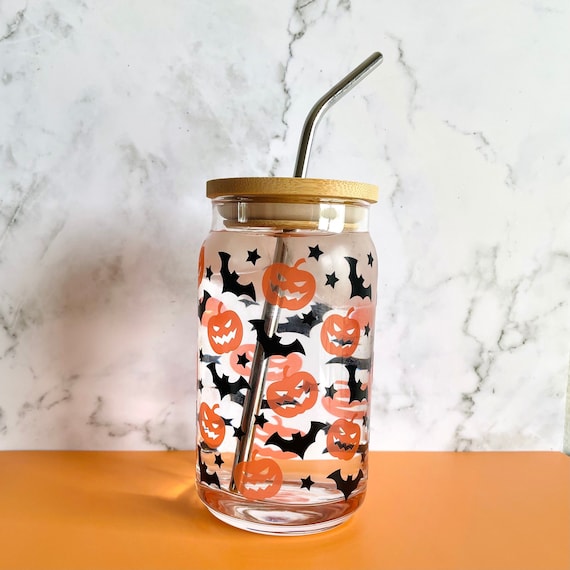 Color Changing Halloween Glass Can, Pumpkin Glass Cup, Bat Cup, Color Changing Cup for Halloween, Halloween Glassware, Spooky Gift for Her