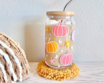Pastel Pumpkin Glass Can, Halloween Glass Cup, Fall Glassware, Pumpkin Glass, Halloween Glassware, Glass Can with Lid and Straw, Spooky Gift