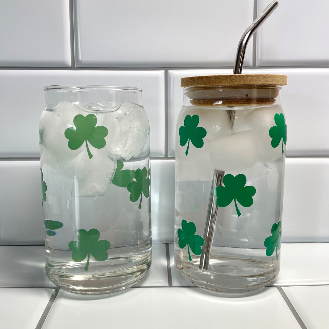 Color Changing Shamrock Glass Can, Saint Patricks Day Glass Can, Color