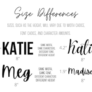 May include: A white background displays text about size differences in fonts. The word "KATIE" is shown in two different fonts, with heights of 8.9 cm and 10.7 cm, and the word "Meg" is 10.2 cm tall. All names are 20.3 cm wide.