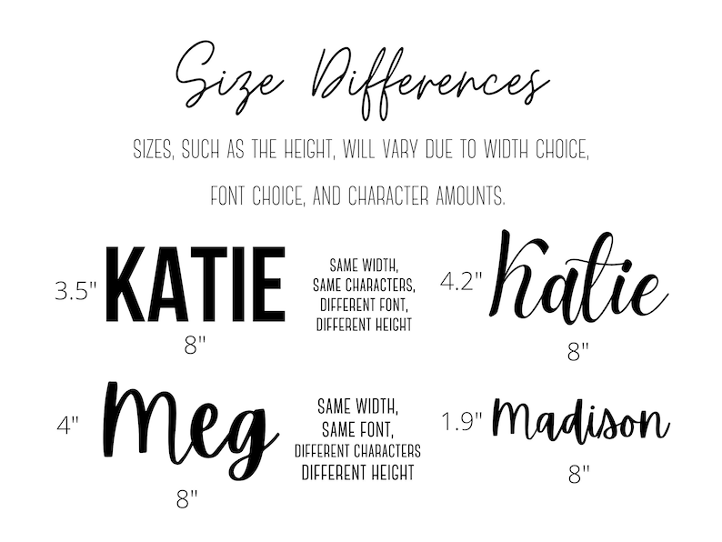 May include: A white background displays text about size differences in fonts. The word "KATIE" is shown in two different fonts, with heights of 8.9 cm and 10.7 cm, and the word "Meg" is 10.2 cm tall. All names are 20.3 cm wide.