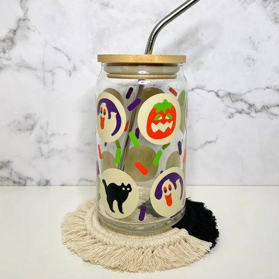 Color Changing Halloween Ghosts 16oz Glass Can With Lid and Straw