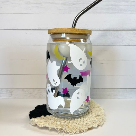 Color Changing Halloween Glass Can, Ghost Glass Cup, Bat Cup, Color Changing Glass Can for Halloween, Halloween Glassware, Spooky Season