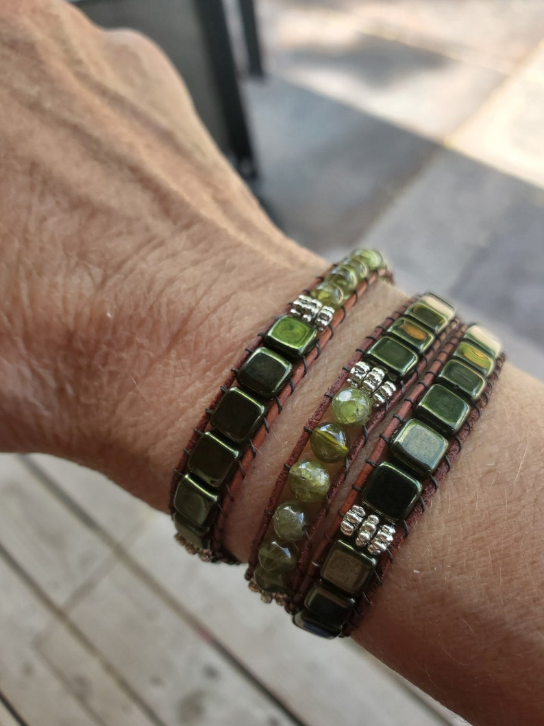 Triple Wrap Leather and Bead Bracelet