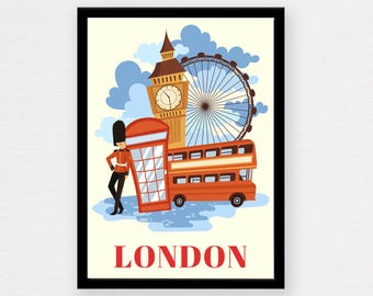 Impression de monuments de Londres | Affiche de la ligne d'horizon de Londres, art mural Londres, impression Londres, décoration amusante, art mural, affiche de voyage Londres