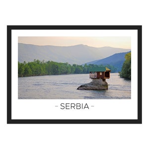 Impresión de Serbia / Bajina Basta, póster de Serbia, arte de Serbia, arte de Serbia, póster de viaje, regalo de viaje, impresión colorida, regalo, río, casa