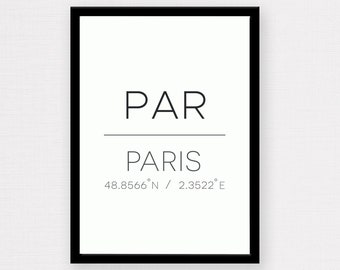 Paris Print | Paris Poster, Paris Coordinates, Paris Design, Destination Print, Minimalist Decor, Typography Wall Art, Travel Poster