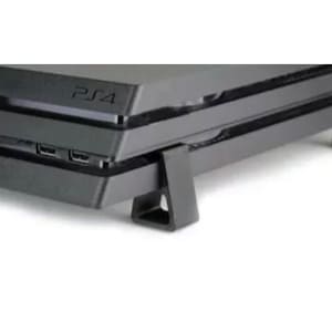 May include: A black PlayStation 4 console with a stand. The console has a black finish and the stand is made of black plastic.