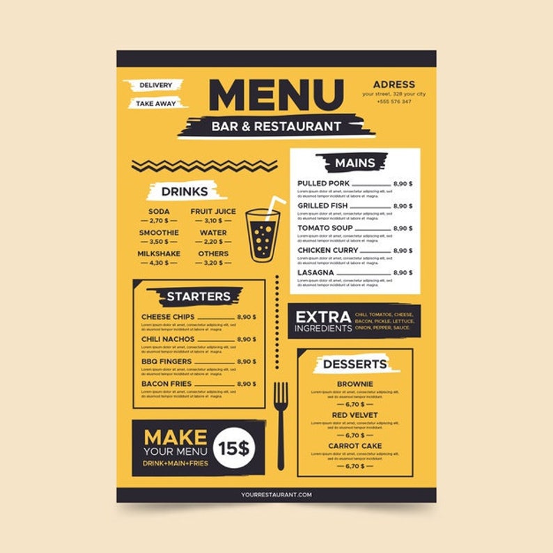 Minimalist Yellow Menu Template Food Menu Templaterestaurant Etsy