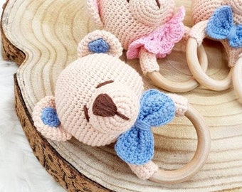 crocheted baby rattle bear great gift for birth baptism + immediately available