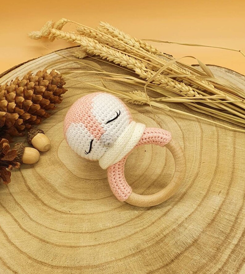 Crochet Baby Rattle Penguin made of cotton and wood great gift for birth and baptism Amigurumi in stock. image 5