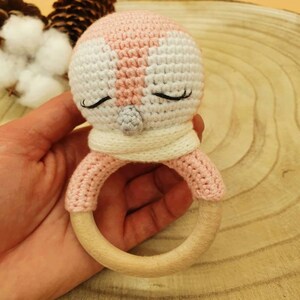 Crochet Baby Rattle Penguin made of cotton and wood great gift for birth and baptism Amigurumi in stock. image 4