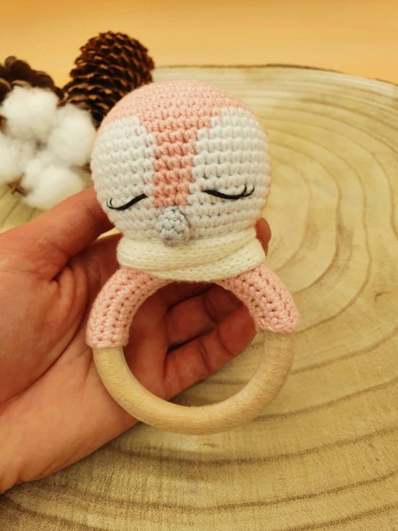 Crochet Baby Rattle Penguin made of cotton and wood great gift for birth and baptism Amigurumi in stock. image 4