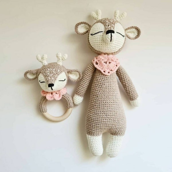 Crocheted deer baby rattle with deer figure +immediate delivery