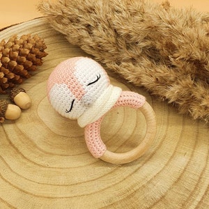 Crochet Baby Rattle Penguin made of cotton and wood great gift for birth and baptism Amigurumi in stock. image 3