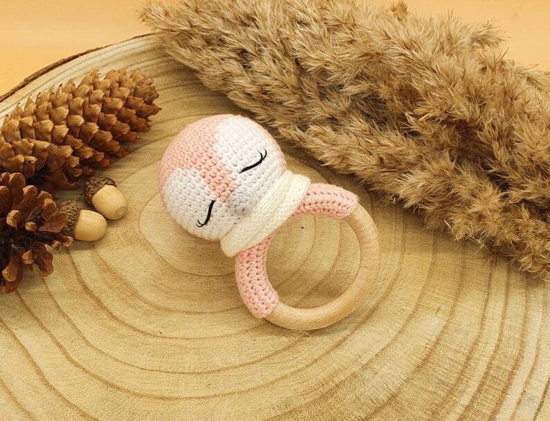 Crochet Baby Rattle Penguin made of cotton and wood great gift for birth and baptism Amigurumi in stock. image 3