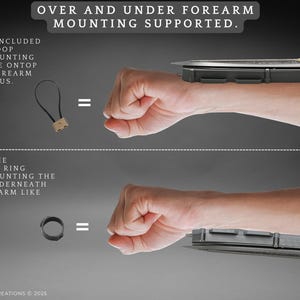K&ouml;nnte beinhalten: Zwei M&ouml;glichkeiten, eine Unterarmblade zu montieren. Die erste Methode verwendet eine Fingerschlaufe, die zweite einen Ring. Der Text "OVER AND UNDER FOREARM MOUNTING SUPPORTED." befindet sich oben im Bild. Der Text "USE THE INCLUDED FINGER LOOP WHEN MOUNTING THE BLADE ONTOP OF THE FOREARM LIKE DARIUS." befindet sich auf der linken Seite des Bildes. Der Text "OR USE THE INCLUDED RING WHEN MOUNTING THE BLADE UNDERNEATH THE FOREARM LIKE BAYEK." befindet sich auf der linken Seite des Bildes. Der Text "RAWICE CREATIONS &copy; 2025" befindet sich unten im Bild.