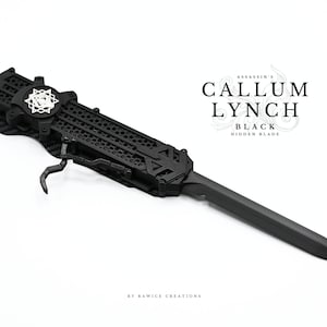 May include: Black tactical knife with a hidden blade and a geometric design on the handle. The knife is labelled "Assassin's Callum Lynch Black Hidden Blade" and "By Rawice Creations".