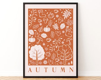 Pode incluir: Uma impressão de arte imprimível com fundo laranja e ilustrações brancas de elementos outonais, incluindo árvores, folhas, bolotas, abóboras e xícaras de café. O texto "AUTUMN" está impresso na parte inferior da impressão.
