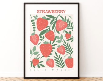Affiche vintage marché aux fruits fraise, impression de fruits, art alimentaire, salle à manger, cuisine, décoration d'intérieur