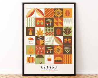 Pode incluir: Um pôster de impressão geométrica colorido com imagens outonais, incluindo abóboras, folhas, cogumelos e uma xícara de café. O pôster é emoldurado em preto e tem o texto "AUTUMN THE PUMPKIN SEASONS" na parte inferior.