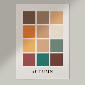 May include: A color palette poster with the word "AUTUMN" at the bottom. The poster features a grid of 12 squares with different shades of brown, orange, yellow, green, and red.