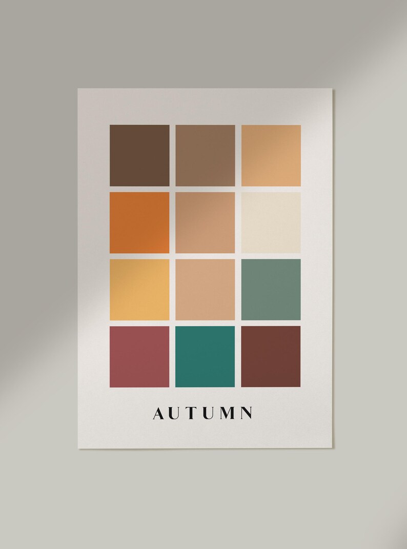 May include: A color palette poster with the word "AUTUMN" at the bottom. The poster features a grid of 12 squares with different shades of brown, orange, yellow, green, and red.