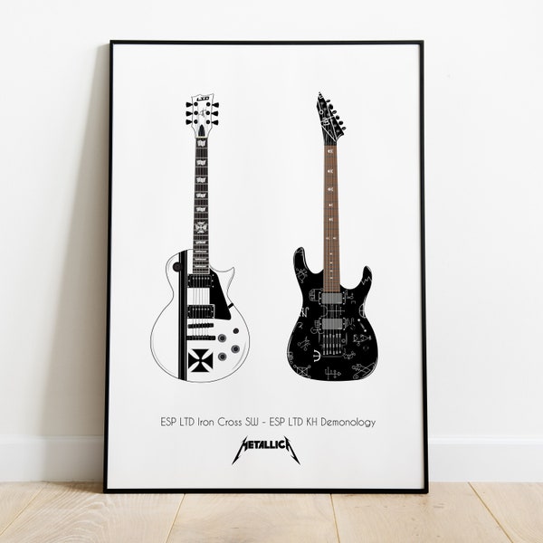 Poster minimaliste des 2 guitares du groupe Metallica / affiche musique / Rock metal / James hetfield / Kirk Hammett