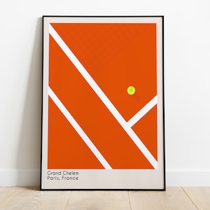 May include: A minimalist illustration of a tennis court with a single yellow tennis ball in the center. The court is red with white lines. The text "Grand Chelem Paris, France" is at the bottom of the image.