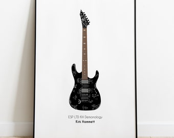 Minimalistyczny plakat gitarowy przedstawiający gitarzystę Metalliki Kirka Hammetta