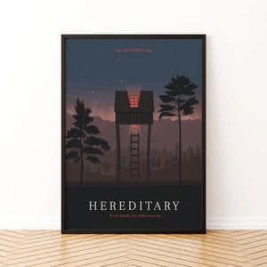 May include: A minimalist movie poster for the film "Hereditary" with a dark blue background and a silhouette of a house on stilts in a forest. The text "An Ari Aster Film" is at the top and the title "Hereditary" is at the bottom with the tagline "Every family tree hides a secret."