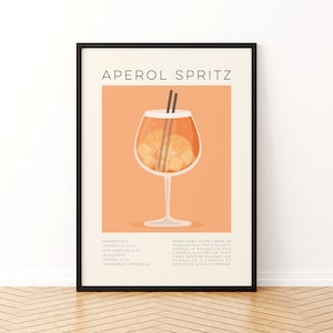 Receta de cóctel Aperol Spritz / Póster de cóctel / Póster de Aperol Spritz / Decoración de cocina / Minimalista / Impresión