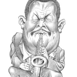 Może przedstawiać: Czarno-biały rysunek karykatury mężczyzny grającego na saksofonie. Mężczyzna siedzi na stołku i ma zamknięte oczy. Rysunek jest podpisany "John Taylor" i zawiera tekst "Cannonball Adderley".