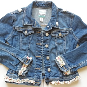 Girls Flowered Ribbon Upcycled Jean Jacket With Rose Buttons, Size L
