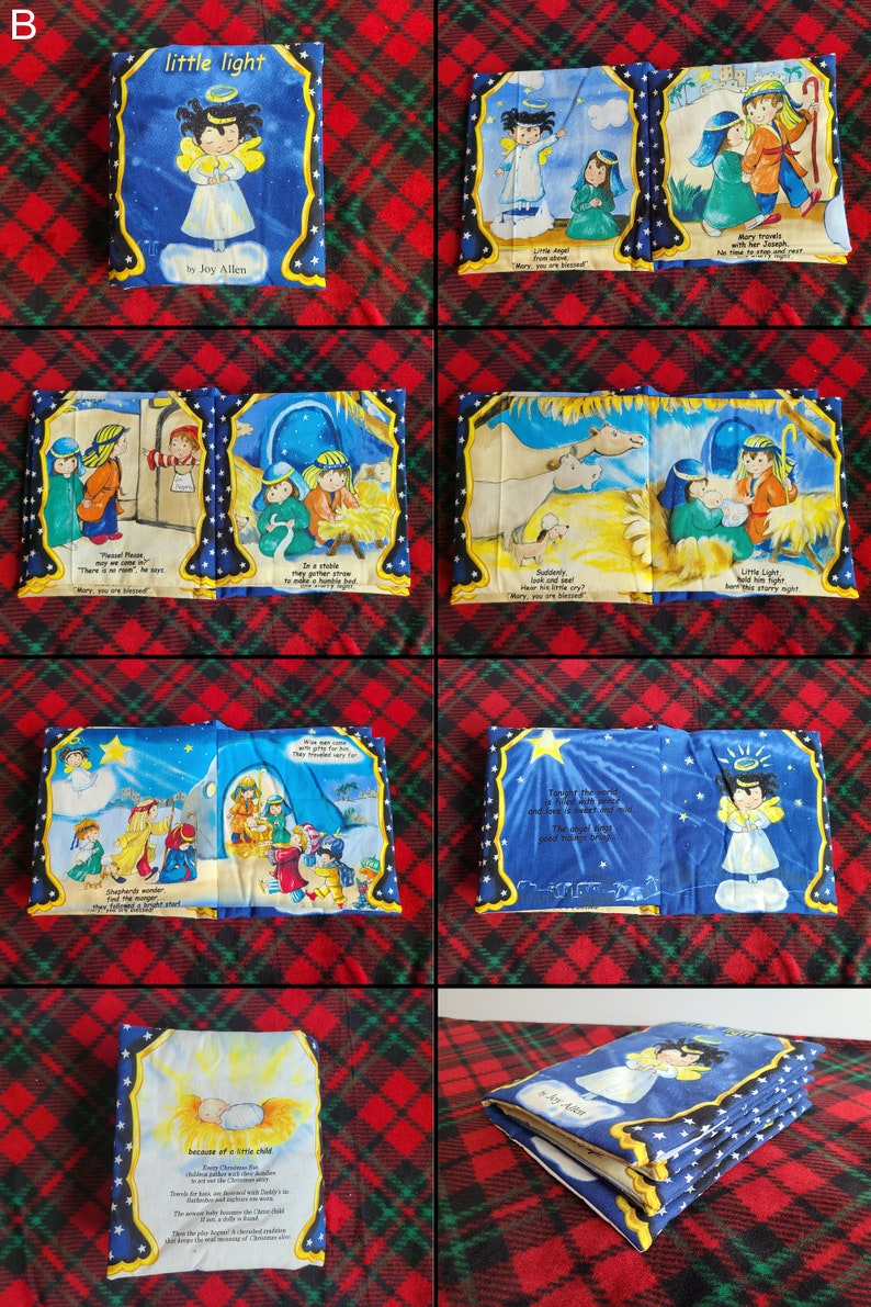Pode incluir: Um livro de tecido azul e amarelo com ilustra&ccedil;&otilde;es da hist&oacute;ria da natividade. O livro &eacute; intitulado "Little Light" por Joy Allen. O livro est&aacute; aberto na p&aacute;gina que diz "Little Light, born this starry night."
