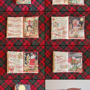 Pode incluir: Um livro infantil vintage com ilustra&ccedil;&otilde;es do Papai Noel e cenas de Natal. O livro est&aacute; aberto em uma p&aacute;gina com o texto "Noite de Natal" e "As meias estavam penduradas na chamin&eacute;".