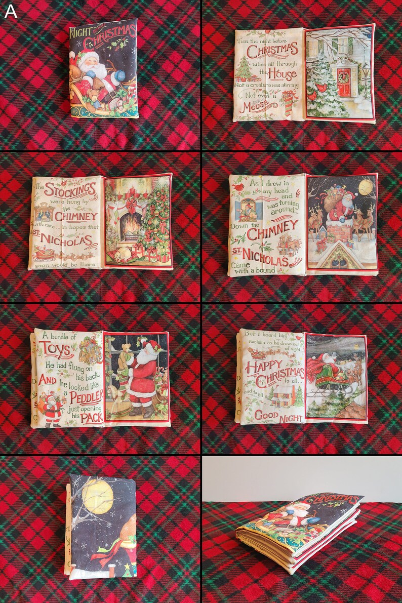 Pode incluir: Um livro infantil vintage com ilustra&ccedil;&otilde;es do Papai Noel e cenas de Natal. O livro est&aacute; aberto em uma p&aacute;gina com o texto "Noite de Natal" e "As meias estavam penduradas na chamin&eacute;".