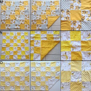May include: A patchwork baby blanket in yellow, white, and light blue. The blanket features squares of solid yellow, teddy bear prints, and dotted fabric. The reverse side is solid yellow. The blanket is approximately 36 inches by 36 inches.
