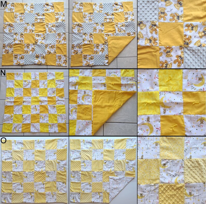 May include: A patchwork baby blanket in yellow, white, and light blue. The blanket features squares of solid yellow, teddy bear prints, and dotted fabric. The reverse side is solid yellow. The blanket is approximately 36 inches by 36 inches.