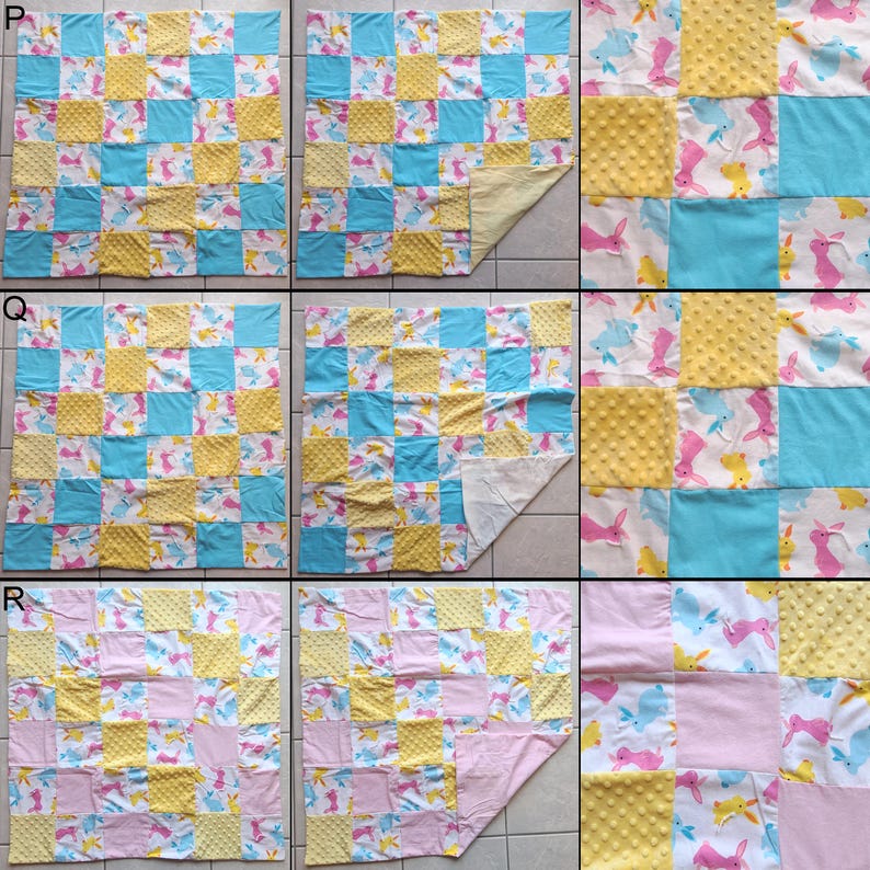 May include: A patchwork quilt featuring squares of yellow, light blue, and white fabric. Some squares have a textured, dotted pattern. The white squares are printed with pink and yellow bunnies. The quilt is reversible with a solid yellow backing.