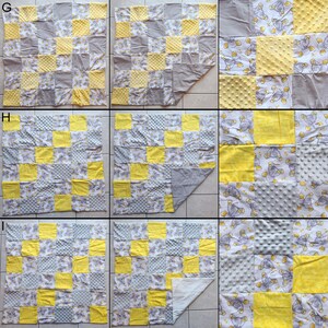 May include: A patchwork baby blanket featuring a grid pattern of yellow, gray, and patterned squares. The patterned squares have a repeating design of teddy bears. The blanket is made of soft, textured fabric.