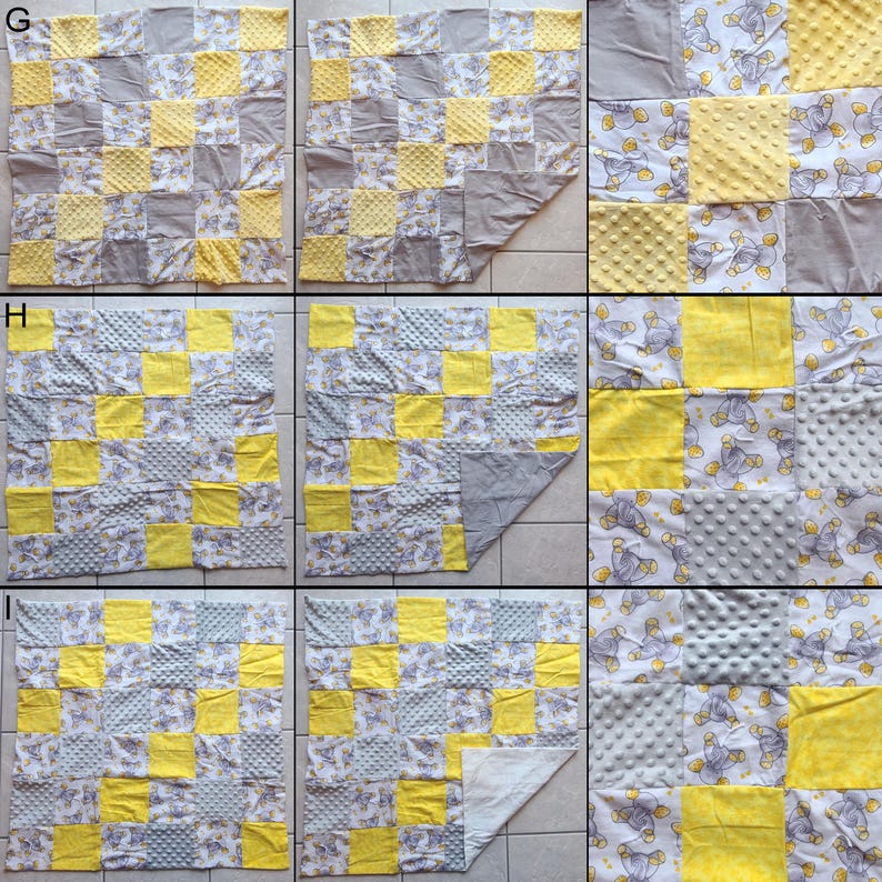 May include: A patchwork baby blanket featuring a grid pattern of yellow, gray, and patterned squares. The patterned squares have a repeating design of teddy bears. The blanket is made of soft, textured fabric.