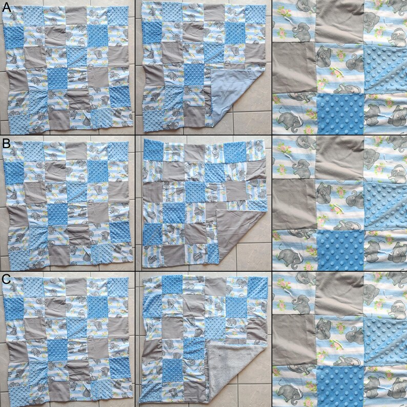 May include: A patchwork baby blanket featuring squares of blue, gray, and patterned fabrics. The blanket includes elephant and striped patterns, with a soft, textured backing. The design is a mix of solid and patterned squares.