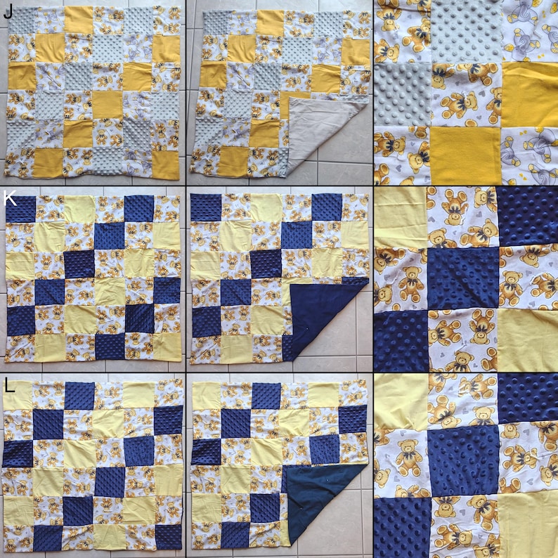 May include: A patchwork quilt featuring squares of yellow, blue, and teddy bear print fabric. The quilt has a soft, textured appearance, with a solid blue backing. The design is a mix of solid colors and patterned fabrics.