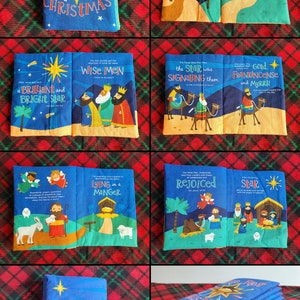 Pode incluir: Um livro de tecido azul e amarelo para crian&ccedil;as sobre o primeiro Natal. O livro tem v&aacute;rias p&aacute;ginas com ilustra&ccedil;&otilde;es da hist&oacute;ria da natividade. A capa apresenta uma estrela com o texto "O primeiro Natal".