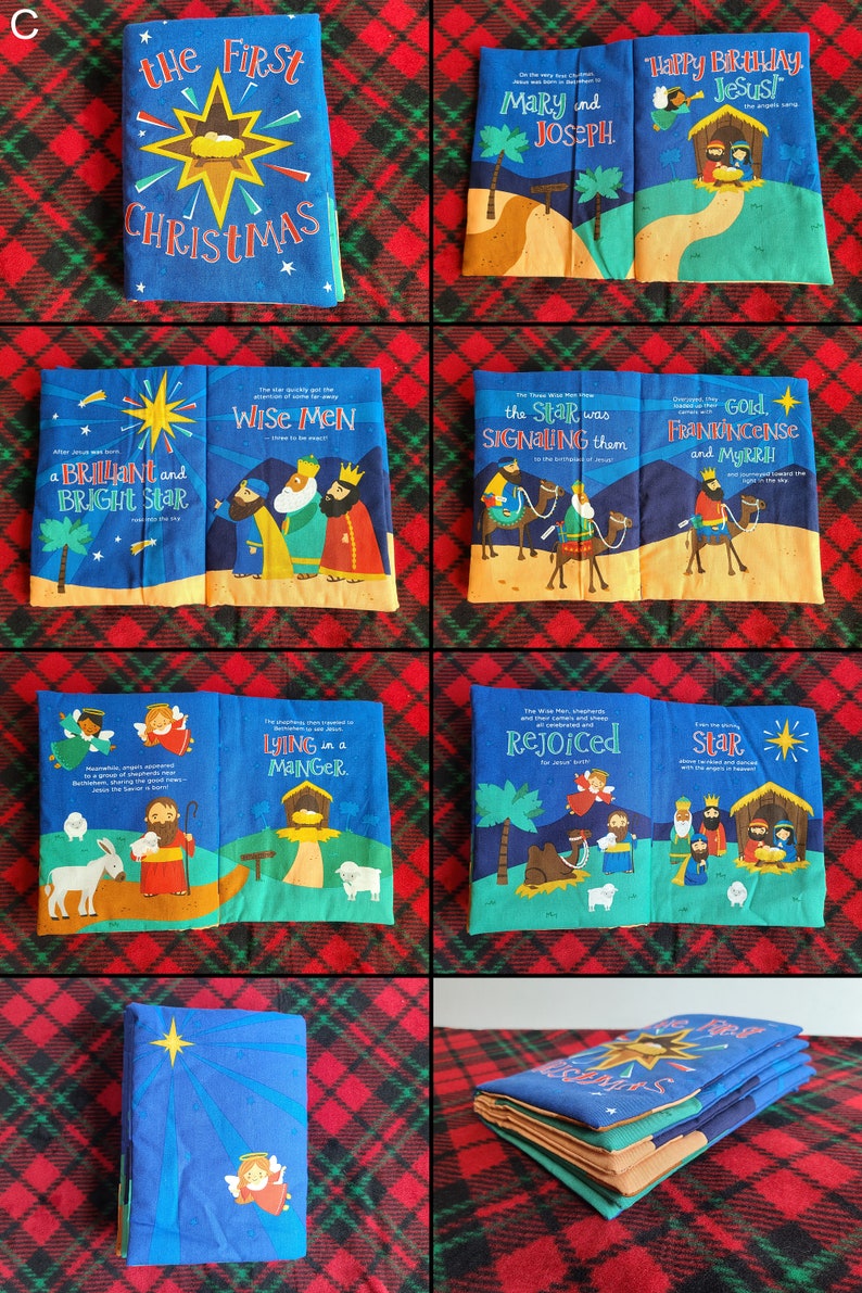 Pode incluir: Um livro de tecido azul e amarelo para crian&ccedil;as sobre o primeiro Natal. O livro tem v&aacute;rias p&aacute;ginas com ilustra&ccedil;&otilde;es da hist&oacute;ria da natividade. A capa apresenta uma estrela com o texto "O primeiro Natal".