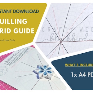 Könnte beinhalten: Ein druckbarer Quilling-Raster-Leitfaden mit dem Text "INSTANT DOWNLOAD QUILLING GRID GUIDE Personal Use Only" und "WHAT'S INCLUDED 1x A4 PDF". Der Leitfaden wird mit einem gequilten Schneeflocken-Design gezeigt.