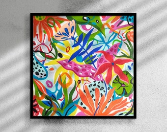 Acrylic abstract painting original, plant painting, acrylic painting on canvas, small canvas, jungle, tropical drawing, acrylic painting