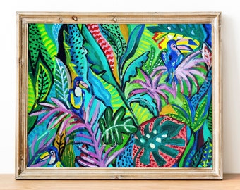Original oil painting, abstract tropical leaves pattern, green oil painting on canvas, jungle, bright picture, toucans